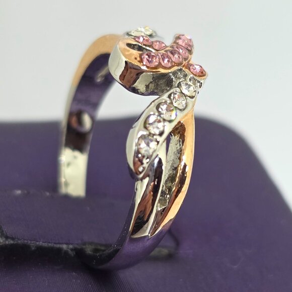 Pink Breast Cancer Awareness Ribbon Rose Gold Silver Rhodium Plated Ring SZ 7 - Picture 7 of 17